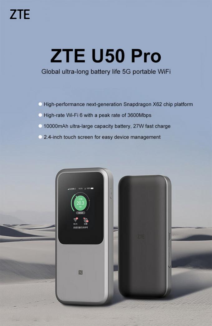 راوتر واي فاي ZTE U50 Pro 5G المحمول مع Qualcomm SDX62، واي فاي 6 2.4G/5G AX3600 نقطة اتصال لاسلكية 4G مع بنك طاقة ببطارية 10000mAh 0